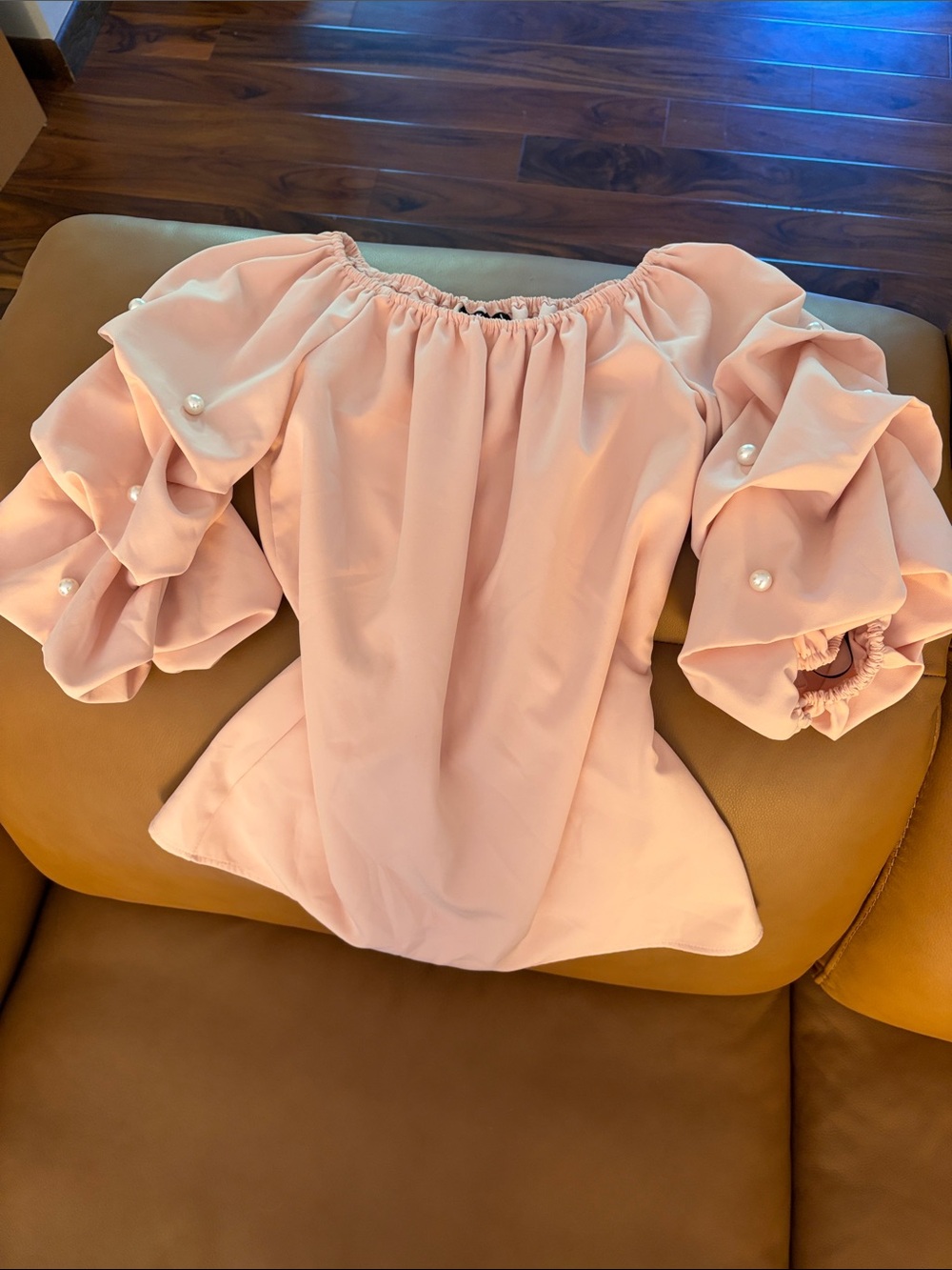 Roz & Ali Pink Off-Shoulder Blouse with Pearl-Trim Ruffled Sleeves
